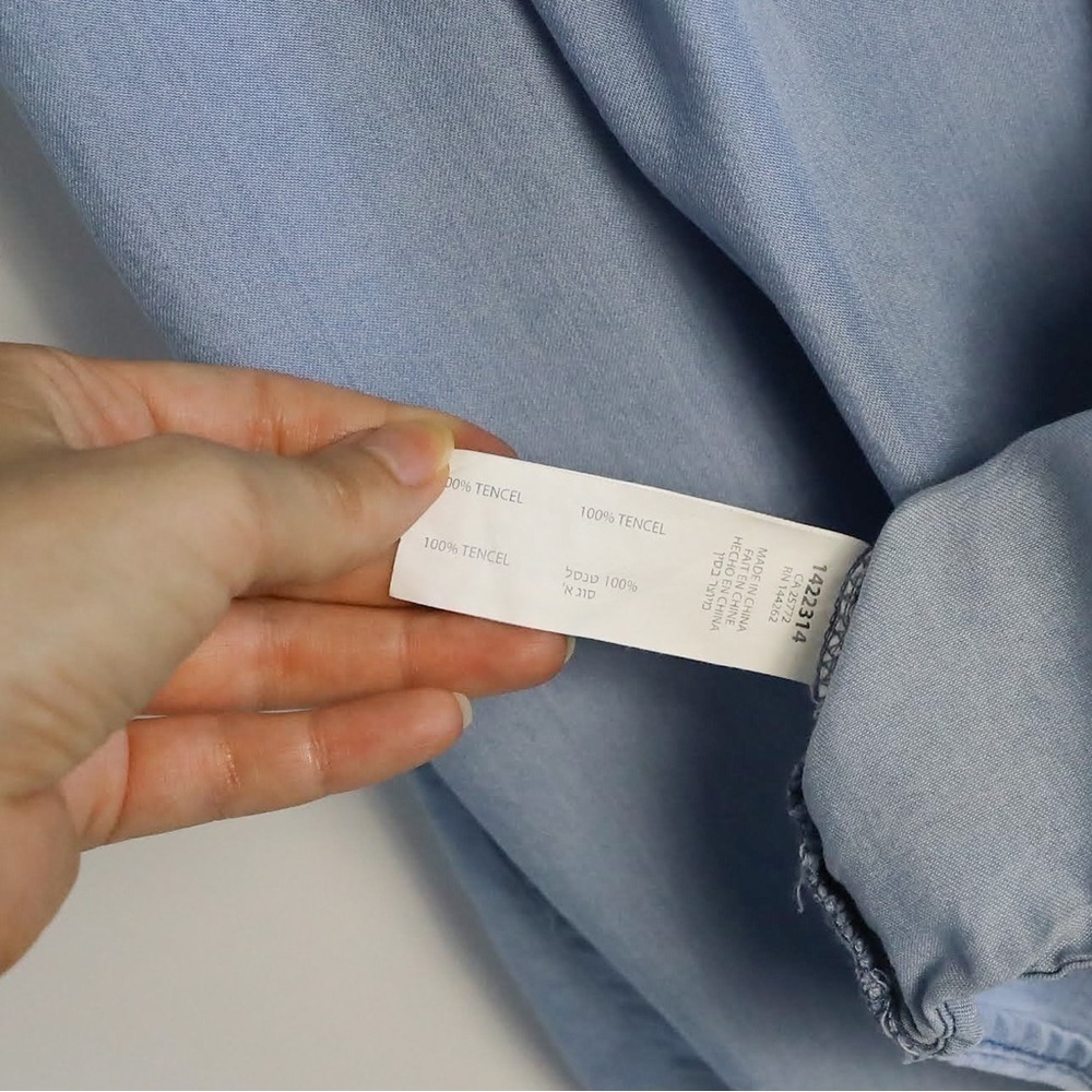 Dex chambray dress roll tab sleeve XS glitter pockets trim short mini tencel - Picture 8 of 9
